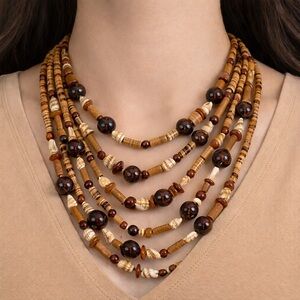 VTG  Layered Necklace 28” Layered Natural Wood Shell Seed Ethnic Boho Gypsy Gift